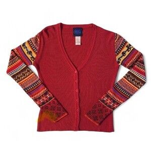 Vintage Y2K Kenzo Cardigan Sweater M Dark Red w/ Contrast Metallic Knit Sleeves
